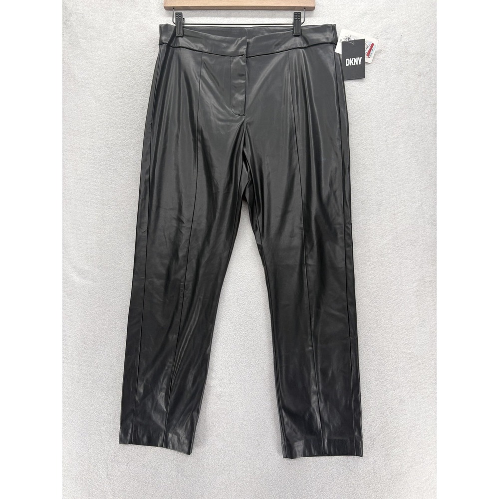 DKNY Faux Leather Dress Pants Womens 8 Black Pleated Front Regular Tapered Leg